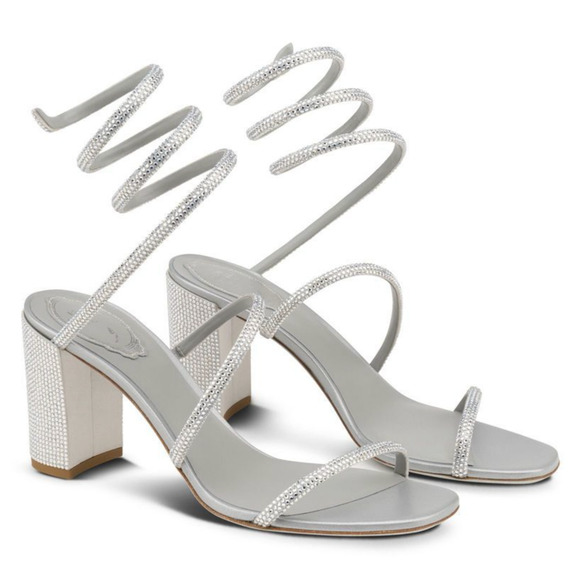 Rene Caovilla Cleo Grey Silver Crystal Wrap Strap Sandal Block Heel Pump 39 - Picture 3 of 12